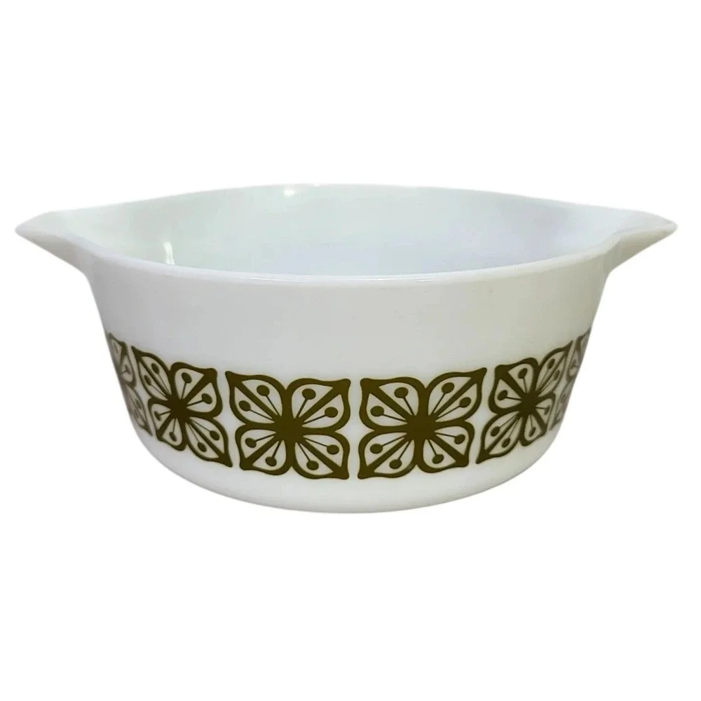 Pyrex 475-B Verde Olive Green Floral‎ 2.5 Qt Cinderella Casserole Dish Bowl USA